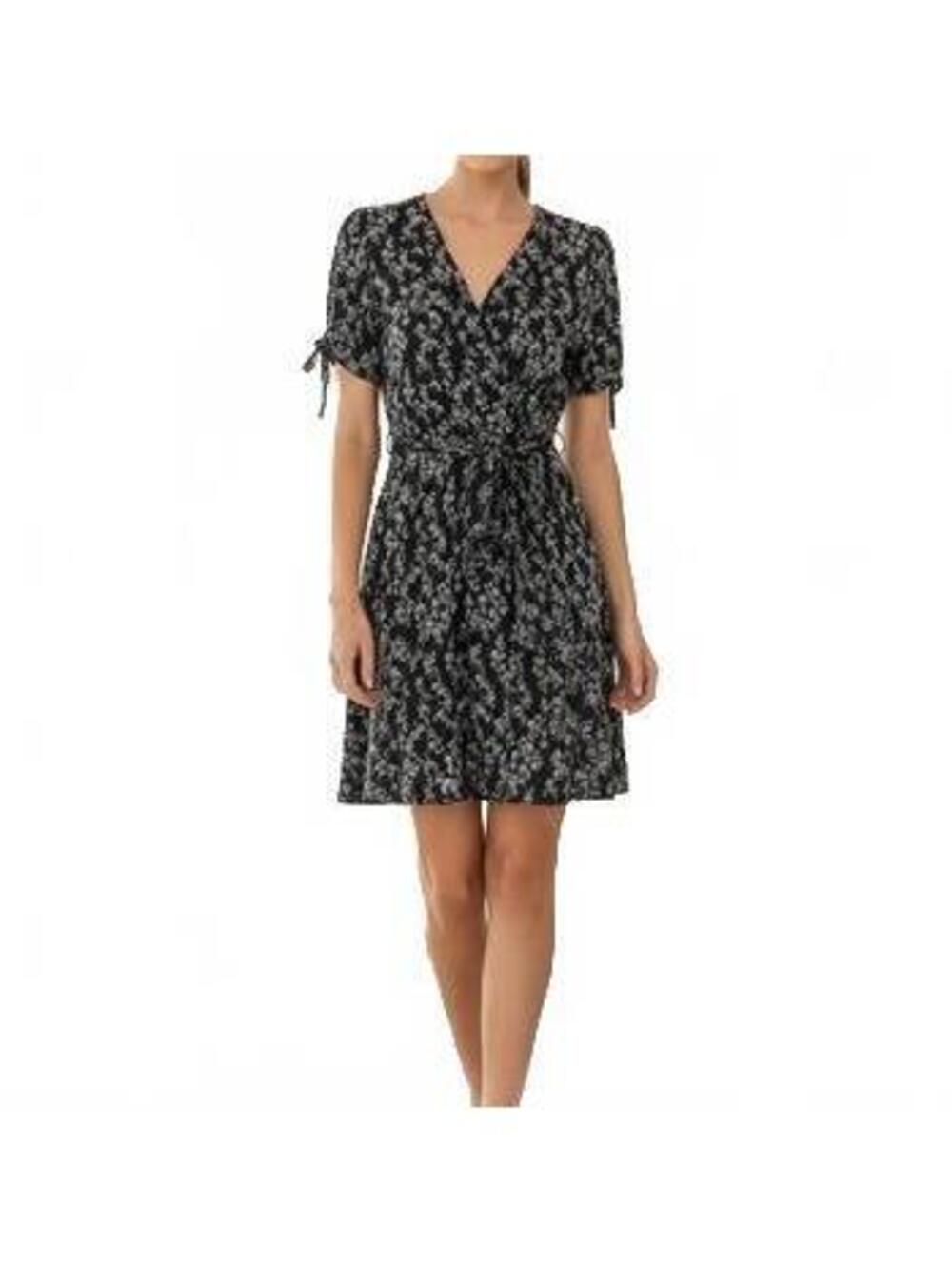 Paper Crane Women’s Medium Black White Floral Faux Wrap Tie Waist Midi Dress